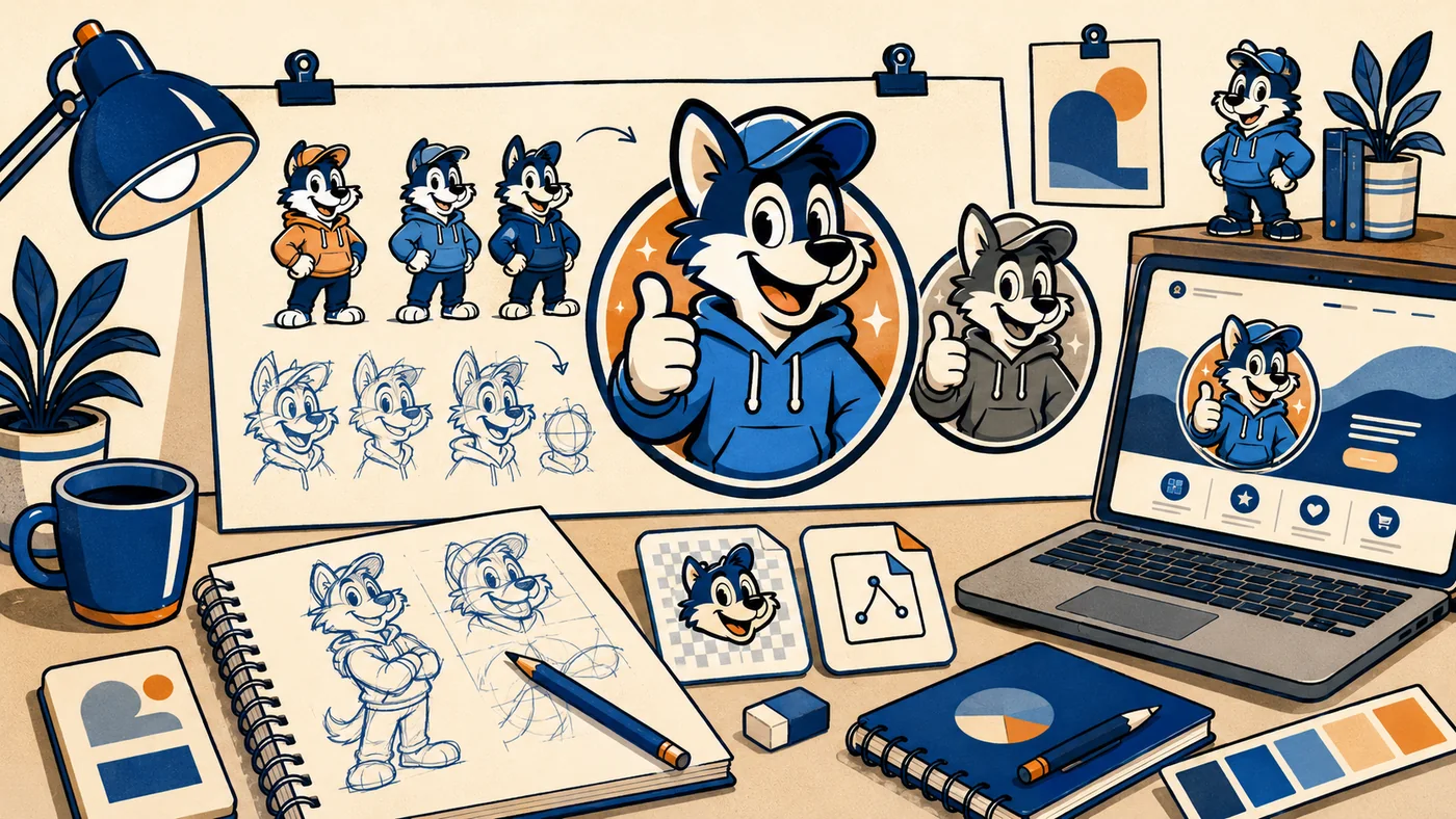 Planche créative de logo mascotte avec croquis, déclinaisons et mockup de site web
